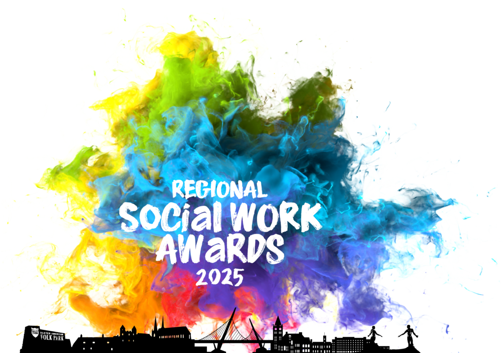 Multi-coloured cloud explosion with a city skyline in black along the bottom of the page. In white the words 'Regional Social Work Awards 2025'.