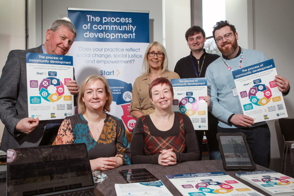 Pictured launch the new Learning Zone resource ‘Community development in social work’ are (L-R): Fergal O’Brien, Regional Programme Coordinator for the Social Work and Community Development Approaches (SWCDA) programme – a partnership Ulster University, Mairead Harkin, Digital Learning Manager, Social Care Council, Gillian McAuley, Interim Co-Head of Fitness to Practise and Professional Adviser for PiP Framework, Social Care Council, Alison Shaw, Workforce Development Officer, Social Care Council, David Hamilton, Project Support Officer, Social Care Council and Eugene Kerlin, Regional Digitalisation and Promotions Lead for Social Work, Western Health and Social Care Trust.