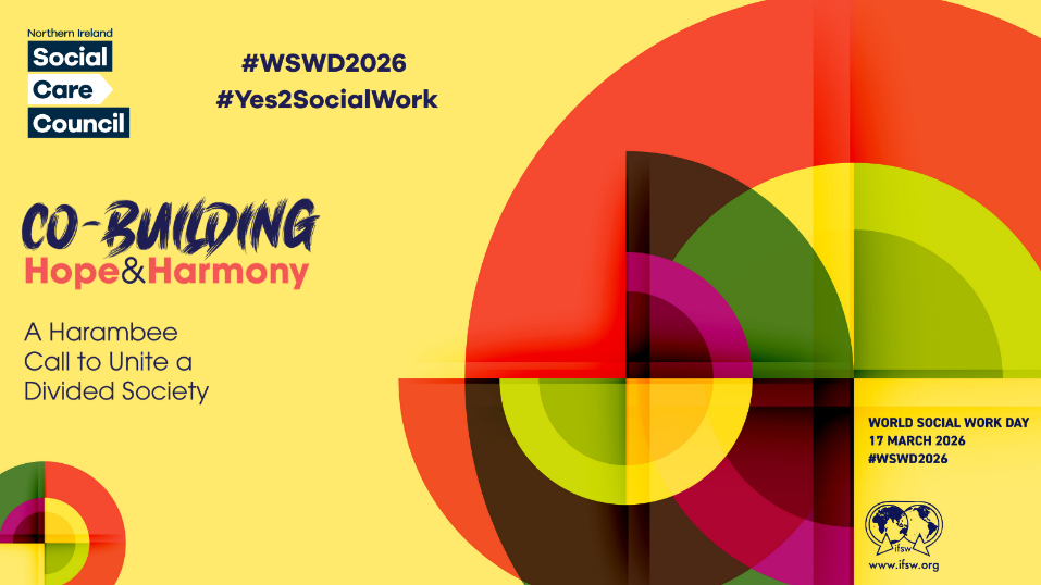 World social work day graphic. Yellow background with text, Co-Building Hope and Harmony. A Harambee call to unite a divided society #WSWD2026 #Yes2SocialWork World social work day 17 March 2026