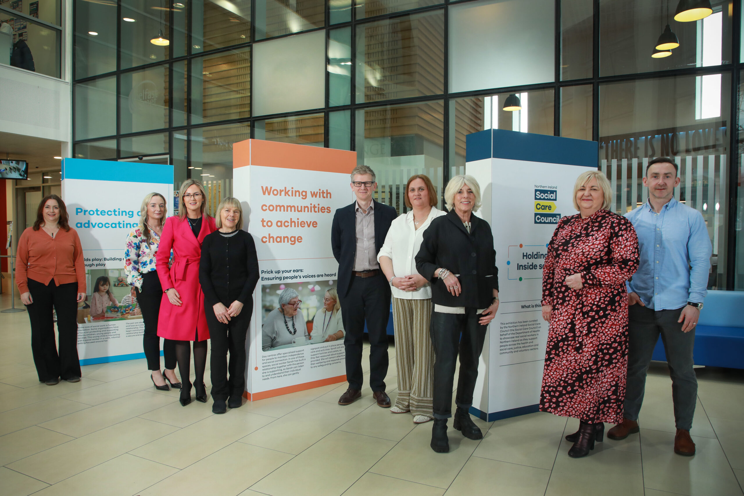 Pictured at the Belfast Metropolitan College, Titanic campus, celebrating the 'Holding Space: Inside social work' exhibition reaching its final destination are (L-R): Mandi MacDonald, Professor Child and Family Social Work, Queens University Belfast; Stephanie Robinson, Guardian Services Manager, Children’s Court Guardians Agency; Marie-Louise Sloan, Director of Children’s Services and Executive Director of Social Work, South Eastern Health and Social Care Trust; Karen Harvey Professional advisor, Regulation and Quality Improvement Authority; David Wylie, Service Manager, Belfast Health and Social Care Trust; Clare Joyce, Staff Tutor Social Work, Open University; Sharon Rivers, Head of School of Health, Wellbeing and Inclusion, Belfast Metropolitan College; Helen McVicker, Interim Director of Regulation and Standards, Social Care Council and Niall McAreavy, Social Work Lecturer, Belfast Metropolitan College.