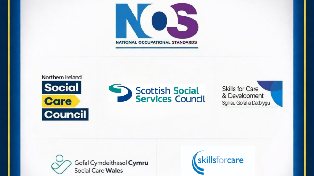 Logos of Northern Ireland Social Care Council, Scottish Social Services Council, Skills for Care & Development, and Skills for Care under National Occupational Standards.