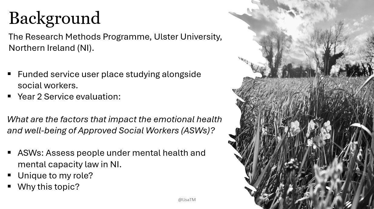 PowerPoint slide showing 'The well-being of Approved Social Workers: Emotional toil, ethical dilemmas and risk in context' background.