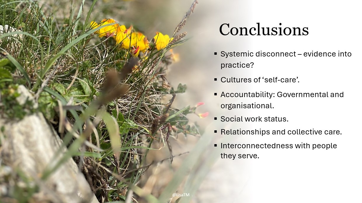 PowerPoint cover slide showing 'The well-being of Approved Social Workers: Emotional toil, ethical dilemmas and risk in context' conlusions.