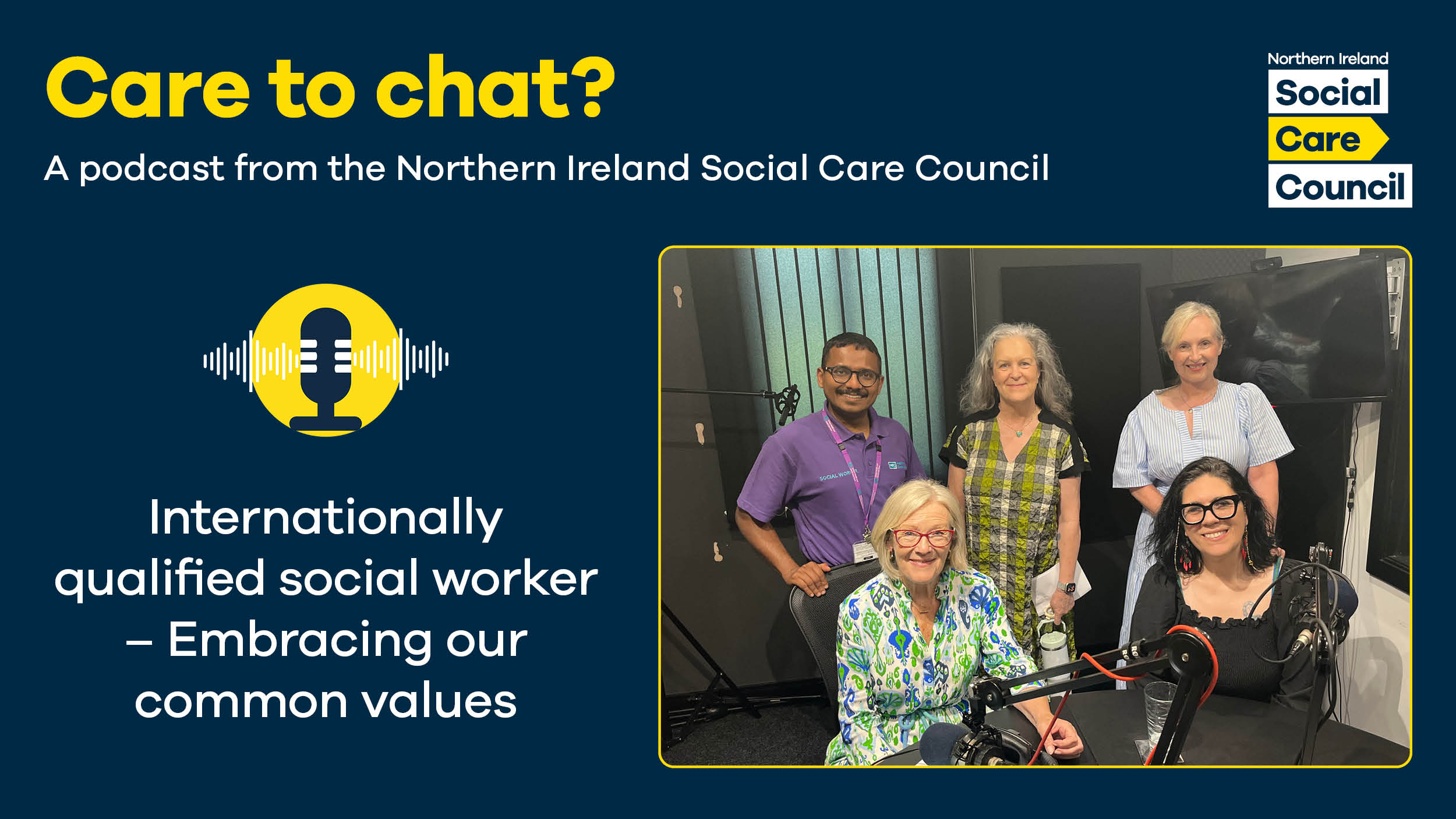 Photo of Dr Wendy Austin MBE, Tricia Devlin, Professional Advisor, Northern Ireland Social Care Council, Rosie Fleming, Social Work Recruitment and Retention Coordinator, Belfast Health and Social Care Trust Albert Abraham, Social Worker, Belfast Health and Social Care Trust, Kellie Young, Probation Officer, Probation Board for Northern Ireland.